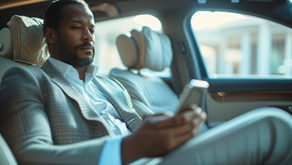 A businessman sitting and using smartphone in luxury car