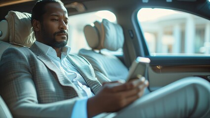 Obraz premium A businessman sitting and using smartphone in luxury car