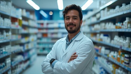 Portrait of a male pharmacist standing in modern pharmacy