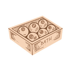 Hand-drawn box with round bathroom bombs, beauty cosmetic element, self care. Illustration for beauty salon, cosmetic store, makeup design. Colored flat style.