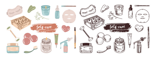 A set of hand-drawn colored and outline doodle sketches of cosmetics, beauty, self-care elements.  Illustration for beauty salon, cosmetic store, makeup design. Flat design.