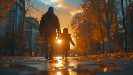 Back view of a man walks hand in hand with his daughter home in the evening - obrazy, fototapety, plakaty