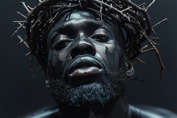 Delve into the depths of compassion with a detailed close-up portrait of a Black Jesus Christ, featuring a photorealistic essence, a thorn crown pressing upon His brow, and a gaze filled - obrazy, fototapety, plakaty