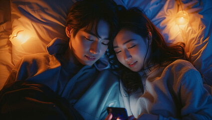 Young couple lying in bed using smartphone at night