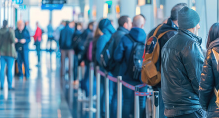 Travelers Queuing for Security Check. Traveler with backpacks and luggage bags in queue waiting for airport security check.