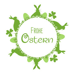Osterdekoration mit Osterhasen, Ostereiern und deutschem Text in grün - frohe Ostern auf weißen Hintergrund für Grußkarte Ostern