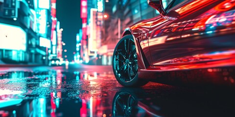 a red car parked on a wet street