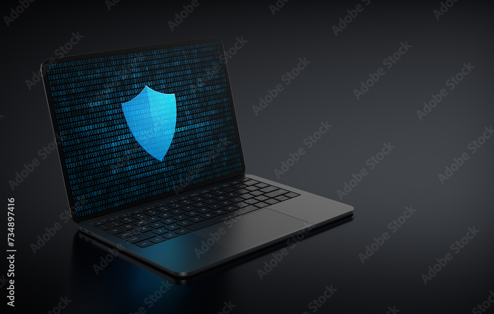 Poster laptop device in the left side positioned diagonally with digital shield icon in screen on a dark ba