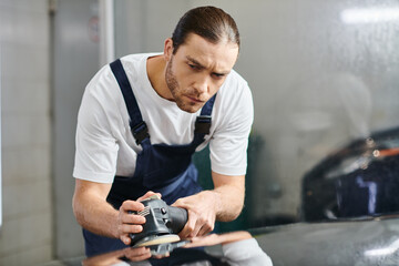 attractive devoted serviceman in uniform with collected hair using polishing machine carefully