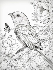 AI generated illustration of an outline art of a sparrow on a branch for colouring books
