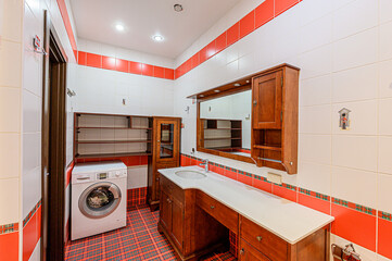 interior apartment room bathroom, sink, decorative elements, toilet. WC, sanitary unit, wash room