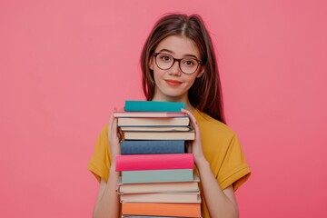 a woman holding a stack of books