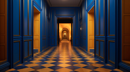 A hallway with a blue and gold flood