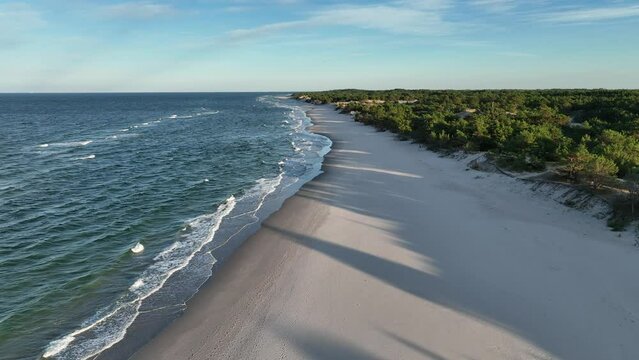 Beautiful wild beaches in Hel Wild beach in baltic sea. Aerial drone view of Hel Peninsula in Poland, Baltic Sea and Puck Bay .  