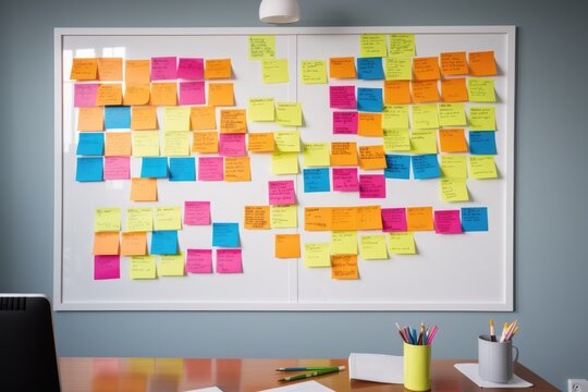 Sticky notes on chalkboard, flowchart, business, tasks