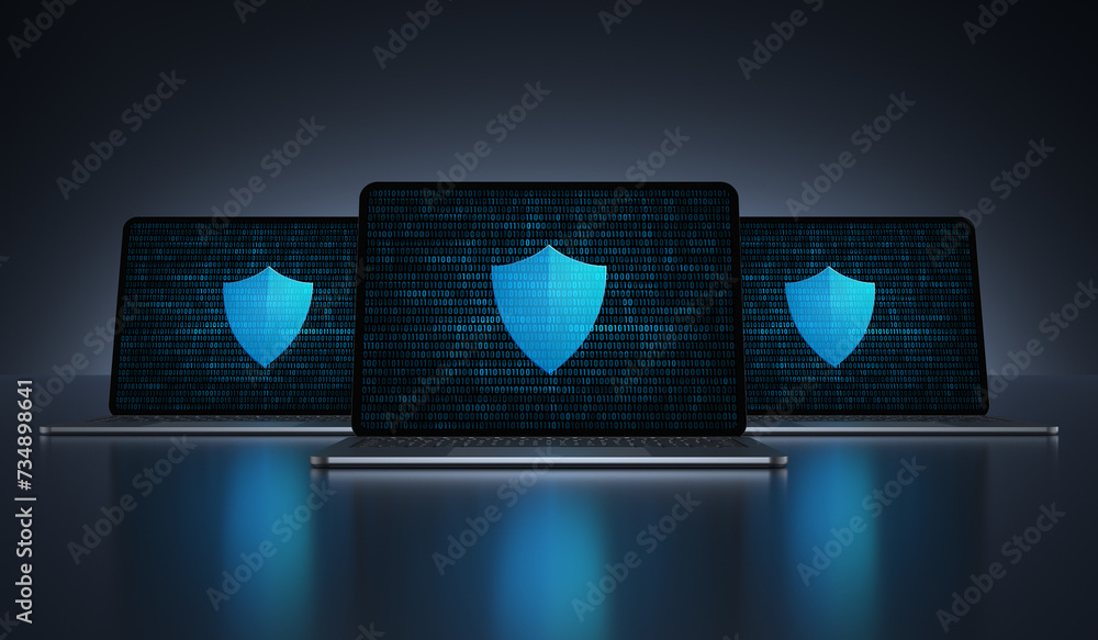 Poster laptop devices with digital shield icon on their screens on a dark background. realistic rendering.