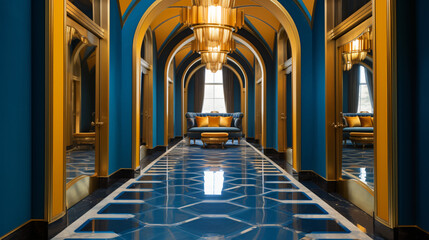 A hallway with a blue and gold flood - obrazy, fototapety, plakaty
