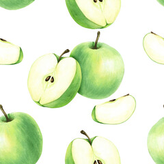 Watercolor seamless pattern with green fruit apple. Hand drawn food illustration isolated on white background. For wrapping wallpaper fabric textile