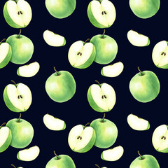 Watercolor seamless repeat pattern with green fruit apple. Hand drawn food illustration. For wrapping wallpaper fabric textile