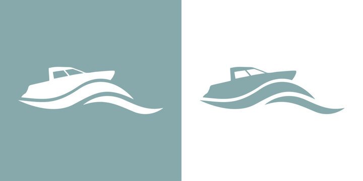 Logo Nautical. Silueta de lancha r&aacute;pida con olas de mar