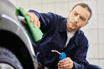 attractive dedicated professional with collected hair in uniform using hose and rag to clean car
