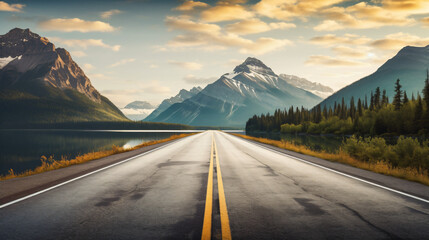 A long straight road with mountains in the background.
