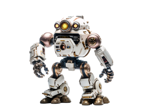 a white robot with three yellow lights