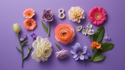 "8" of flowers on a purple background, Generative AI