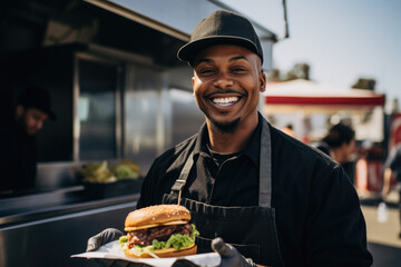 Cheerful street food vendor presenting a burger at a food truck.