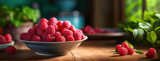 Raspberries in the bowl. Copy space.
