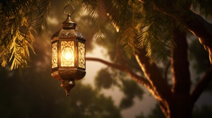 an arabic lantern hangs outside in a tree - obrazy, fototapety, plakaty