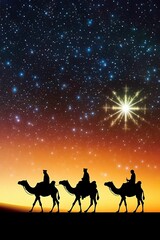 An AI illustration of three people riding camels across the night sky with a star above them