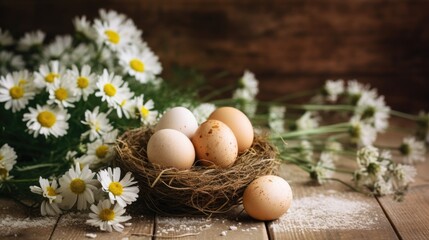 Chicken eggs in a straw nest with white daisies on a rustic wooden table.