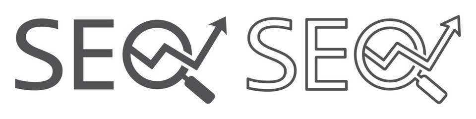 Search engine optimization, SEO logo. Search engine optimization concept with magnifying glass and growth chart, arrow. Web analytics, strategy and research planning. Vector.