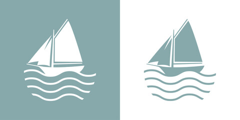 Logo Nautical. Silueta de barco de vela con olas de mar © teracreonte