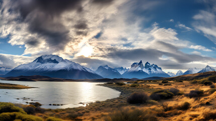 Fototapeta na wymiar lake and mountains,, Stunning landscape in torres del paine national park 