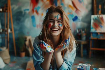 Happy girl artist painting with paint on hands at home
