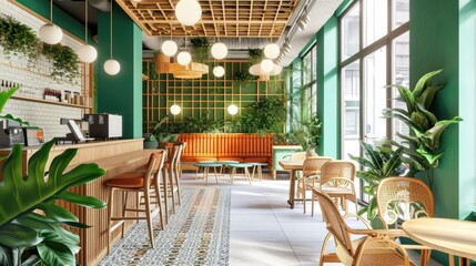 Green interior in Madrid coworking, eco-friendly dining room in a modern office