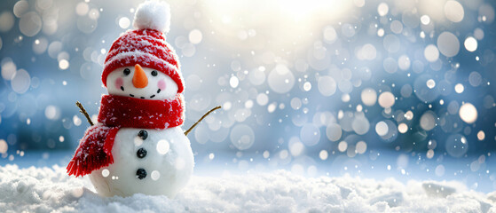 Happy snowman on snow background