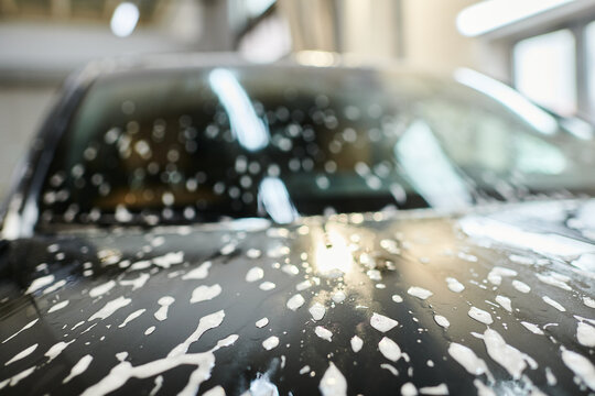 object photo of soapy hood of black modern automobile during car detailing service in garage