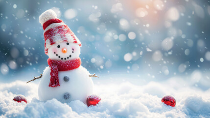 Naklejka na ściany i meble Happy snowman on snow background