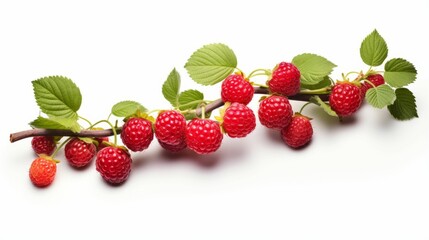 AI generated illustration of a branch with vibrant red raspberries and lush green leaves