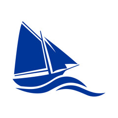 Logo Nautical. Silueta de barco de vela con olas de mar