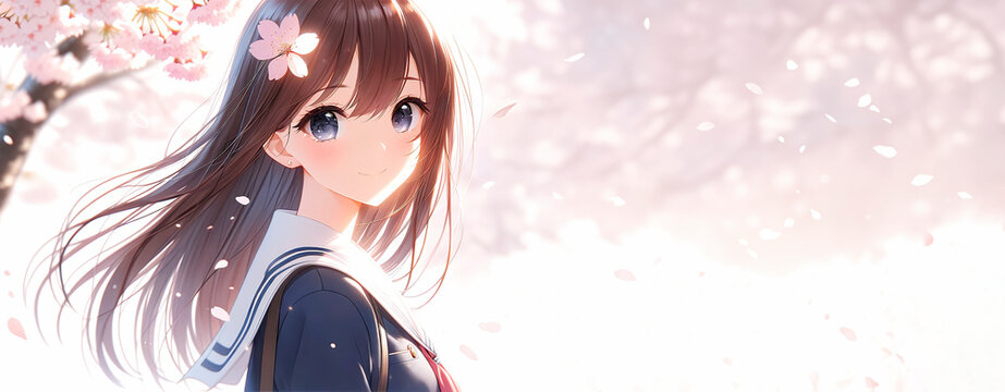満開の桜を背景に、こちらを振り返る笑顔が可愛い女子高生のポートレート。画像生成AI