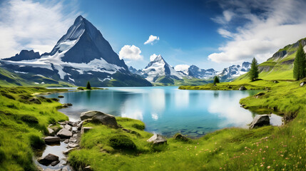 Naklejka na ściany i meble lake and mountains,, A mountain range with a mountain range in the background. 