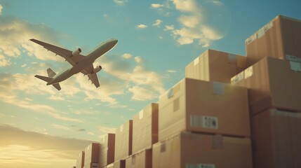 Airplane and stack of cardboard boxes. concept of air cargo and parcels, airmail. Fast delivery of goods and products. Cargo aircraft. Logistics, connection to hard-to-reach places. Air fleet supply.