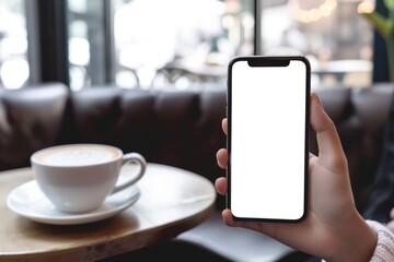 close-up hand holding phone mobile blank screen and finger touching in coffee shop