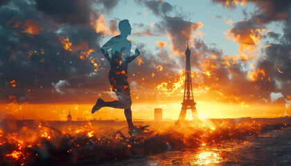 Silhouette of athlete on Parisian sunset.  - obrazy, fototapety, plakaty