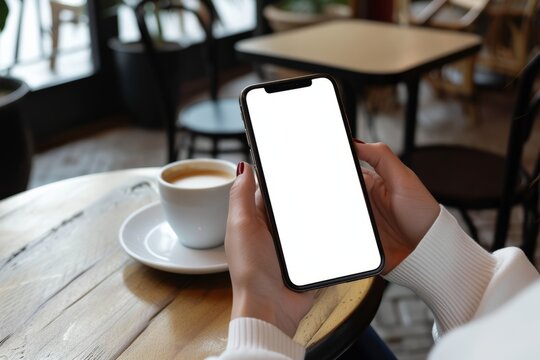 image of man's hand is holding a black cell phone with blank white screen on wood table in coffee cafe background