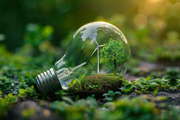 A clear light bulb lying on fertile soil, encasing a miniaturized landscape with a lush green tree and wind turbines. 